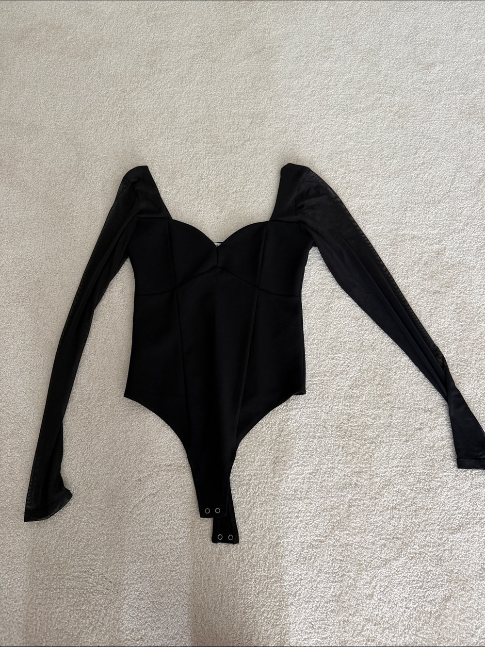 Black Long-Sleeve Sweetheart and mesh One-Piece Bodysuit